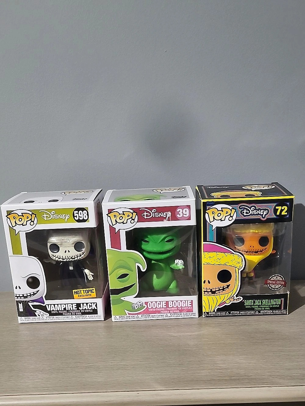 Funko Disney Pop! Vinyl figures: Vampire Jack #598, Oogie Boogie #39, and Sandy